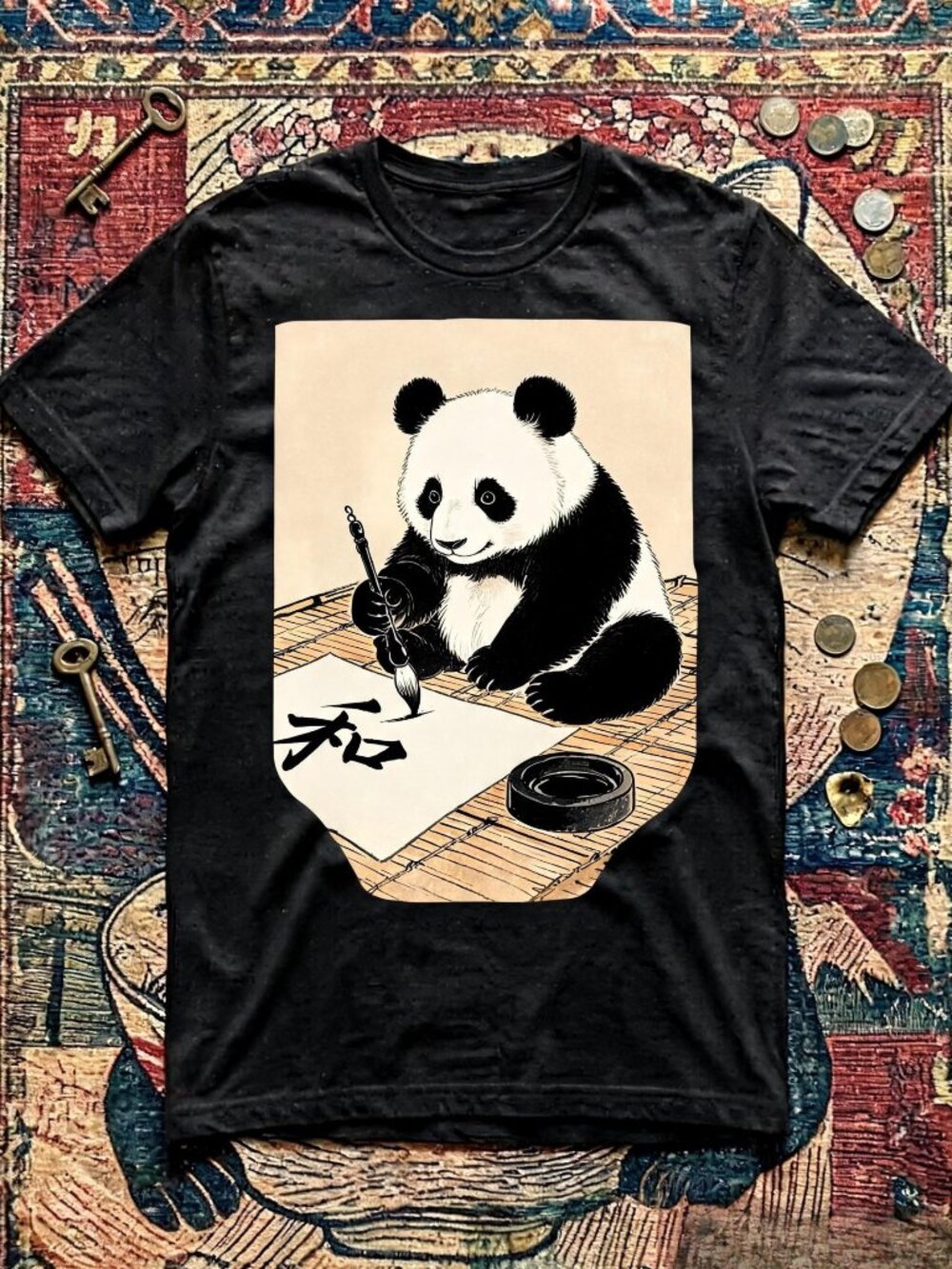 Vintage Japanese Calligraphy Panda Graphic T-Shirt Unisex Cotton Streetwear Y2K
